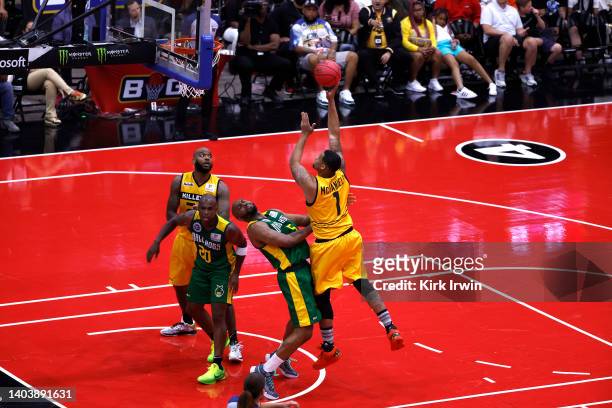 McDaniels of the Killer 3's shoots against Stacy Davis of the Ball Hogs during Week One at Credit Union 1 Arena on June 19, 2022 in Chicago, Illinois.