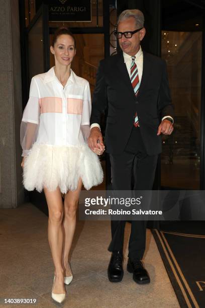 Jeff Goldblum and Emilie Livingston are seen ahead of a fashion show during the Milan Fashion Week S/S 2023 on June 19, 2022 in Milan, Italy.