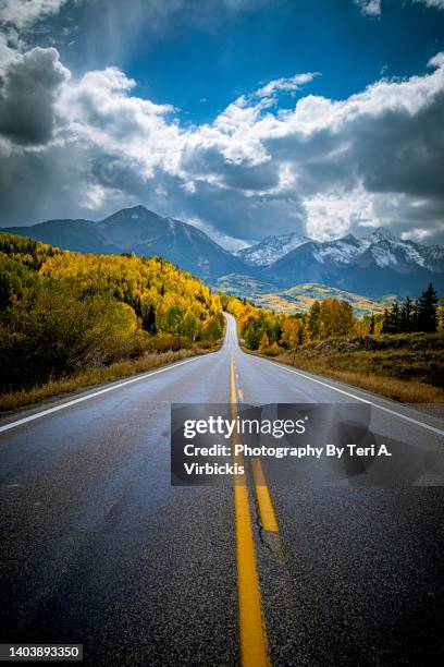 fall color along the san juan skyway scenic byway near telluride colorado - mt wilson colorado fotografías e imágenes de stock