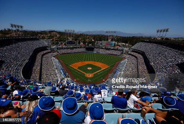 General view of play between the Cleveland Guardians and the Los Angeles Dodgers in the first inning at Dodger Stadium on June 19, 2022 in Los...