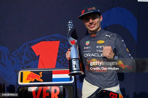 Race winner Max Verstappen of the Netherlands and Oracle Red Bull Racing celebrates with his trophy after the F1 Grand Prix of Canada at Circuit...