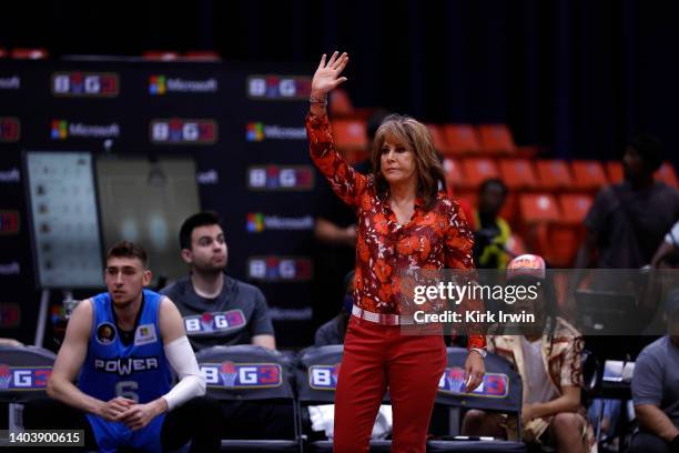 Head coach Nancy Lieberman of the Power signals from the sidelines during a game against the Tri-State Week One at Credit Union 1 Arena on June 19,...