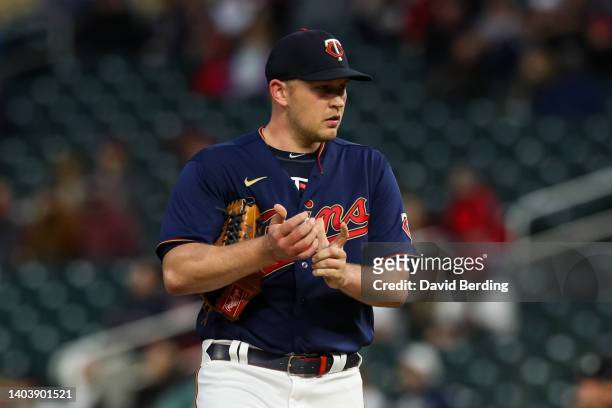 Tyler Duffey of the Minnesota Twins looks on against the Kansas City Royals in the eighth inning of the game at Target Field on May 26, 2022 in...