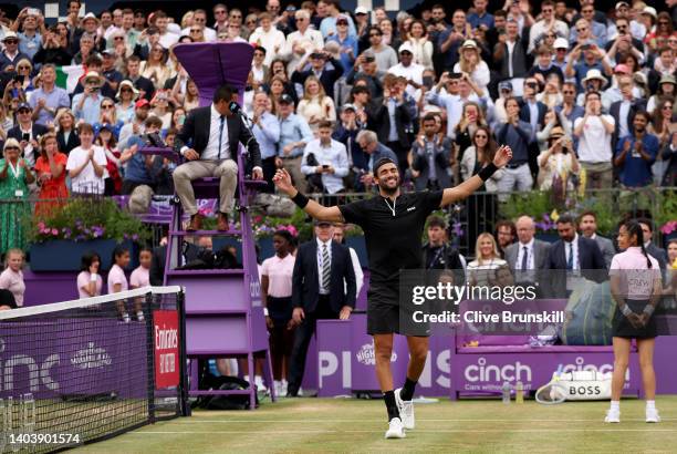 Matteo Berrettini of Italy celebrates after winning against Filip Krajinovic of Serbia during the Men's Singles Final match on day seven of the cinch...