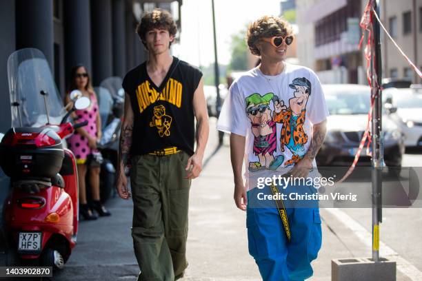 Diego Lazzari & Lele Giaccari is seen outside Moschino during Milan Fashion Week S/S 2023 on June 19, 2022 in Milan, Italy.