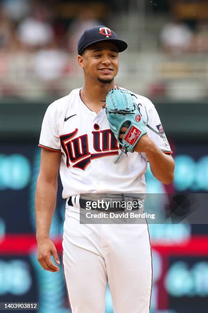 Chris Archer of the Minnesota Twins looks on against the Kansas City Royals in the first inning of the game at Target Field on May 28, 2022 in...