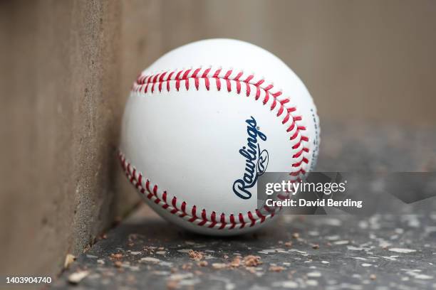 View of the Rawlings logo on the baseball in the second inning of the game between the Kansas City Royals and Minnesota Twins at Target Field on May...