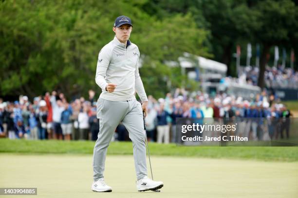 Matt Fitzpatrick of England reacts on the 15th green during the final round of the 122nd U.S. Open Championship at The Country Club on June 19, 2022...