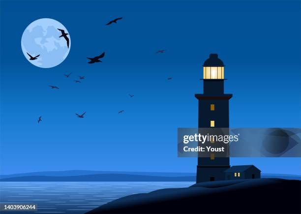 bildbanksillustrationer, clip art samt tecknat material och ikoner med majestic lighthouse on the coast at night - fyr