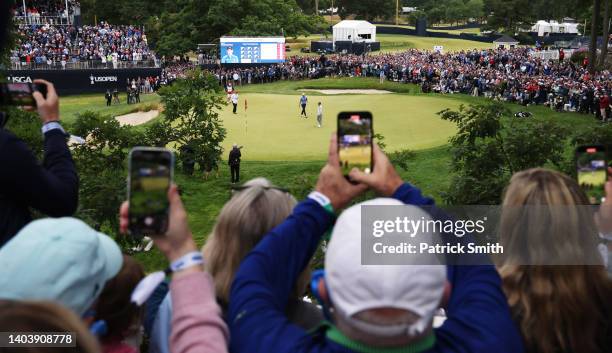 General view of the 18th green is seen as fans watch Matt Fitzpatrick of England and Will Zalatoris of the United States during the final round of...