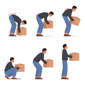 Correct and Incorrect Lift of Heavy Box, Health Care, Injury Prevention Concept. Man Stand Up with Cardboard Package