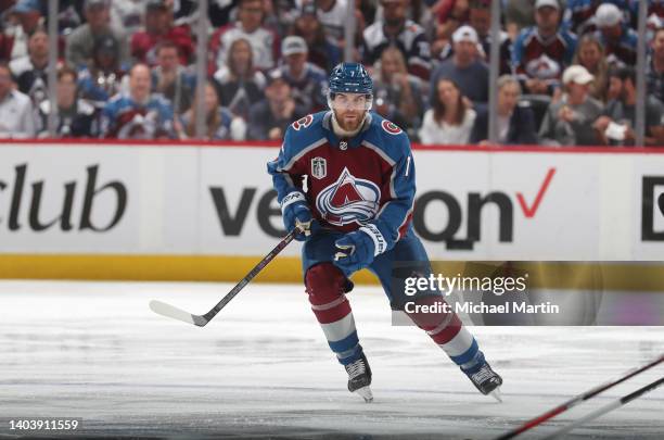 Devon Toews of the Colorado Avalanche skates against the Tampa Bay Lightning in Game Two of the 2022 Stanley Cup Final at Ball Arena on June 18, 2022...