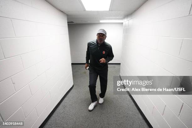 Head coach Kevin Sumlin of the Houston Gamblers walks to the field before the game against the New Orleans Breakers at Legion Field on June 19, 2022...