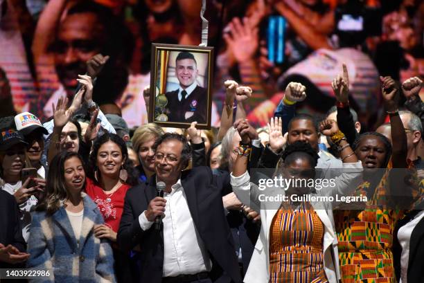 Newly elected President of Colombia Gustavo Petro and Vice-President Francia Marquez of Pacto Historico coalition celebrate after winning the...