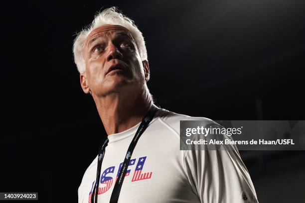 Daryl Johnston, Executive Vice President of USFL Football Operations, looks up in the second quarter of the game between the New Orleans Breakers and...