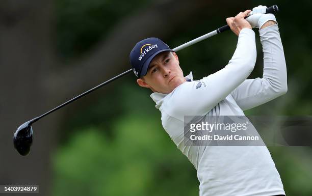 Matthew Fitzpatrick of England plays his tee shot on the fourth hole during the final round of the 2022 U.S.Open at The Country Club on June 19, 2022...