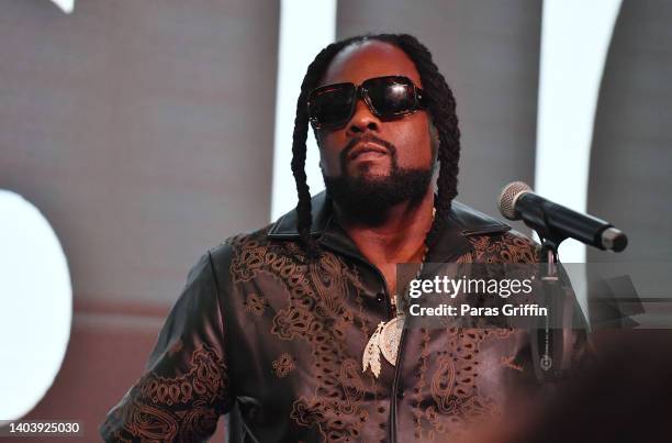 Rapper Wale performs onstage during the Ebony Juneteenth Celebration at The Gathering Spot on June 19, 2022 in Atlanta, Georgia.