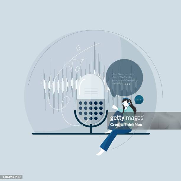 aufnahmestudio mit broadcast-technologie, live im radio, podcast-mikrofonelement - diktieren stock-grafiken, -clipart, -cartoons und -symbole