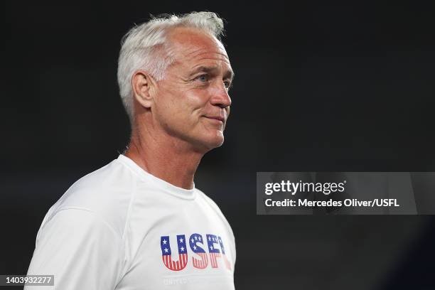 Daryl Johnston, Executive Vice President of USFL Football Operations, looks on after the game between the New Orleans Breakers and the Houston...
