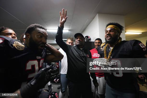 Head coach Kevin Sumlin of the Houston Gamblers celebrates with players in the locker room after the Houston Gamblers defeated the New Orleans...