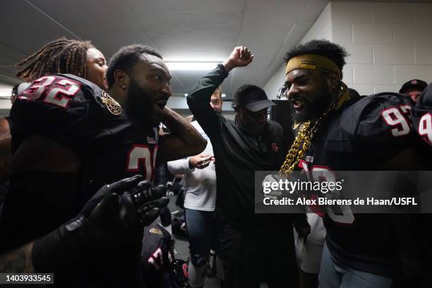 Head coach Kevin Sumlin of the Houston Gamblers celebrates with players in the locker room after the Houston Gamblers defeated the New Orleans...