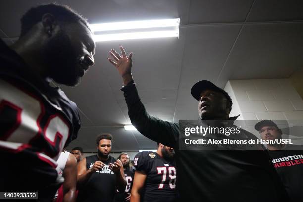 Head coach Kevin Sumlin of the Houston Gamblers celebrates with players in the locker room after the Houston Gamblers defeated the New Orleans...