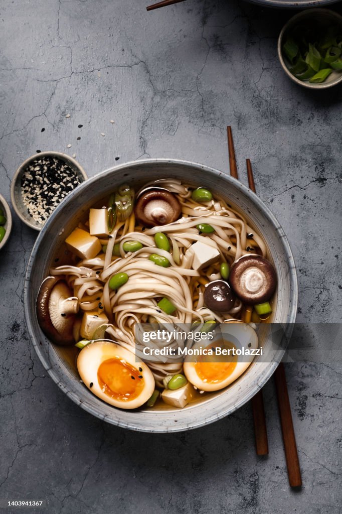 Ramen bowl with boiled eggs and shiitake mushroom