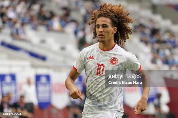 Hannibal Mejbri of Tunisia in action during the international friendly match between Chile and Tunisia at Noevir Stadium Kobe on June 10, 2022 in...