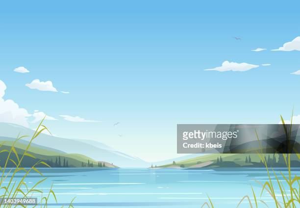 stockillustraties, clipart, cartoons en iconen met tranquil lake - wolken