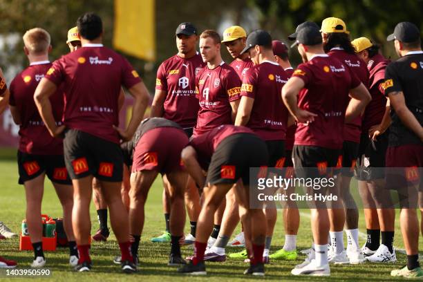 Team huddle during a Queensland Maroons State of Origin training session at Sanctuary Cove on June 20, 2022 in Gold Coast, Australia.
