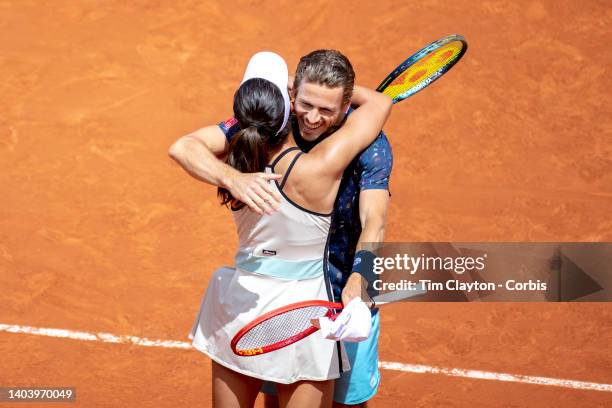 June 2. Ena Shibahara of Japan and Wesley Koolhof of the Netherlands celebrate their victory against Ulrikke Eikeri of Norway and Joren Vliegen of...