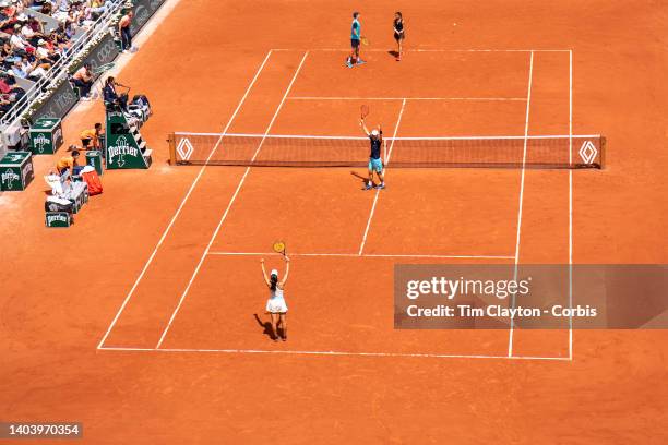 June 2. Ena Shibahara of Japan and Wesley Koolhof of the Netherlands celebrate their victory against Ulrikke Eikeri of Norway and Joren Vliegen of...