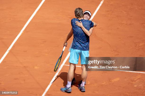 June 2. Ena Shibahara of Japan and Wesley Koolhof of the Netherlands celebrate their victory against Ulrikke Eikeri of Norway and Joren Vliegen of...