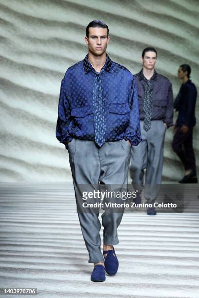 Model walks the runway at the Giorgio Armani fashion show during the Milan Fashion Week S/S 2023 on June 20, 2022 in Milan, Italy.
