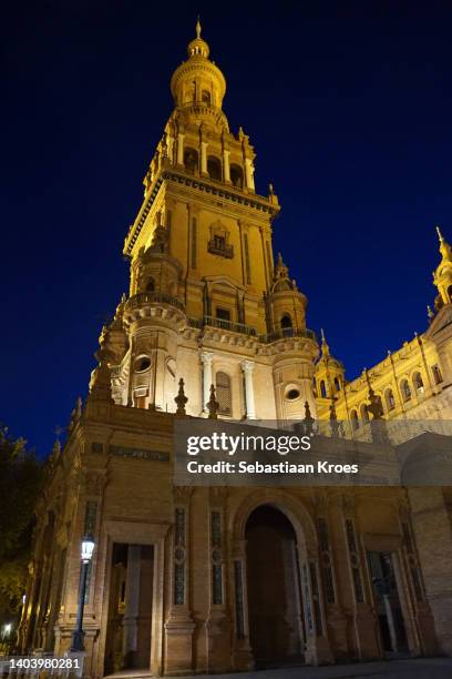 close up on tower, illuminated, plaza de españa, sevilla, spain - 1920 1929 stock pictures, royalty-free photos & images