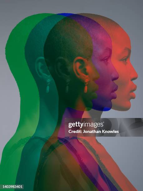 multiple exposure profile portrait beautiful young woman - portrait double exposure foto e immagini stock