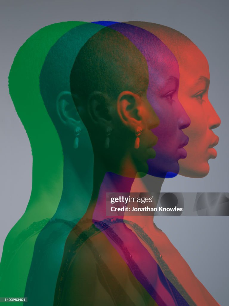 Multiple exposure profile portrait beautiful young woman