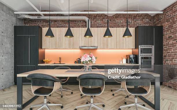 industrial large modern kitchen and dining room - brick arch stock pictures, royalty-free photos & images