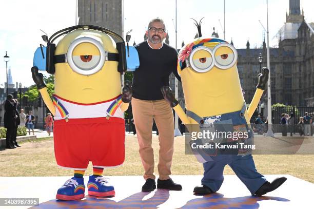 Steve Carell andMinions characters attend the "Minions: The Rise Of Gru" photocall in front of the newly unveiled Big Ben at Parliament Square on...