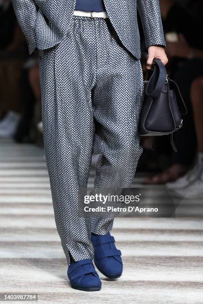 Model, fashion detail, walks the runway at the Giorgio Armani fashion show during the Milan Fashion Week S/S 2023 on June 20, 2022 in Milan, Italy.