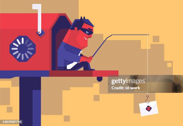 stockillustraties, clipart, cartoons en iconen met evil businessman sitting on mailbox and fishing - anonymous mask