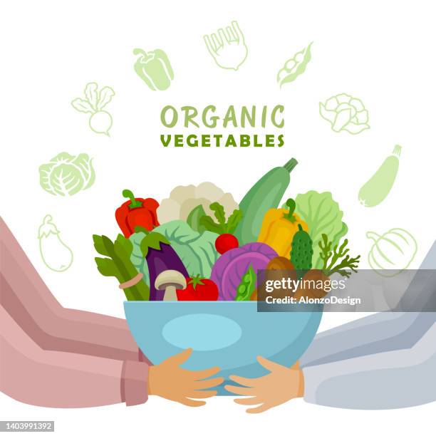 delivery hands with vegetable bowl. vegan food. - cooked spinach stock illustrations