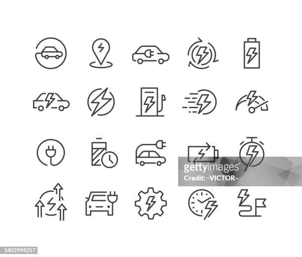 electric vehicle icons - classic line series - renewable energy stock illustrations