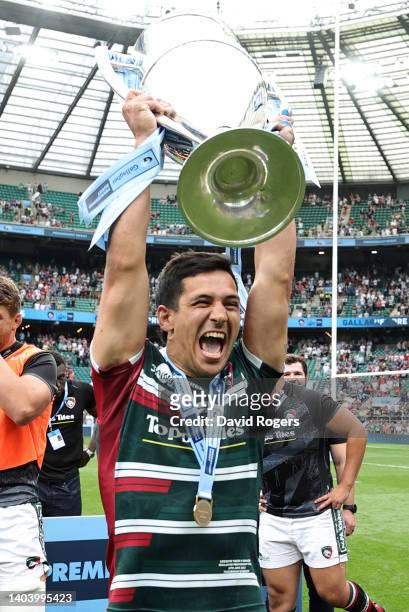 Matias Moroni of Leicester Tigers celebrates after their victory during the Gallagher Premiership Rugby Final match between Leicester Tigers and...