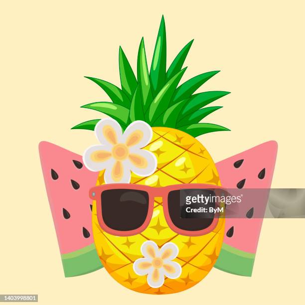 bildbanksillustrationer, clip art samt tecknat material och ikoner med summer travel and vacation beach pineapple watermelon and sunglasses with flowers isolated design icon - ananas