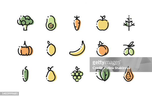 stockillustraties, clipart, cartoons en iconen met healthy colored food line art icons. - dille