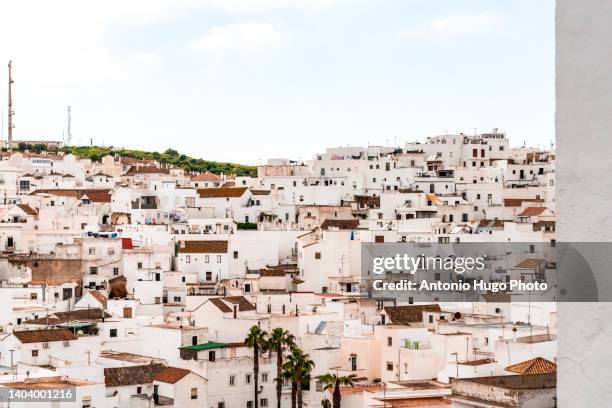 clustered white houses in the village of vejer de la frontera, cadiz, spain. - vejer de la frontera stockfoto's en -beelden