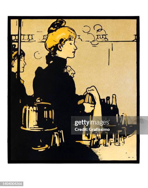 ilustraciones, imágenes clip art, dibujos animados e iconos de stock de joven camarera en restaurante trabajando ilustración art nouveau 1898 - criada