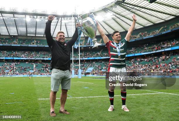 Tom Youngs and his brother Ben Youngs of Leicester Tigers celebrate after their victory during the Gallagher Premiership Rugby Final match between...