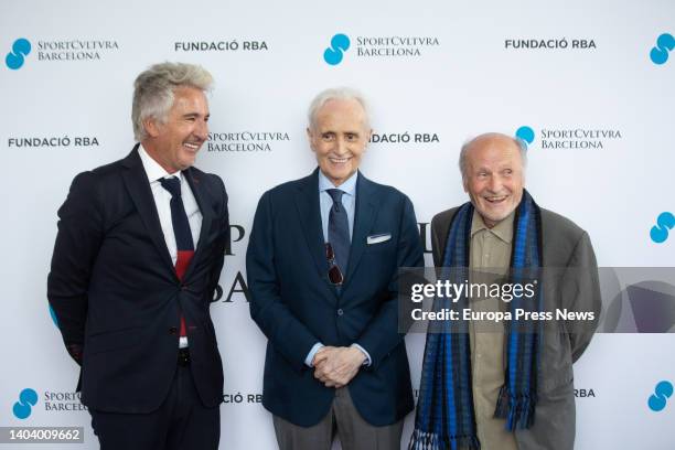 The head of FCB Femenino, Xavier Puig; the singer Josep Carreras and the painter Antonio Lopez, pose at the photocall before the presentation of the...